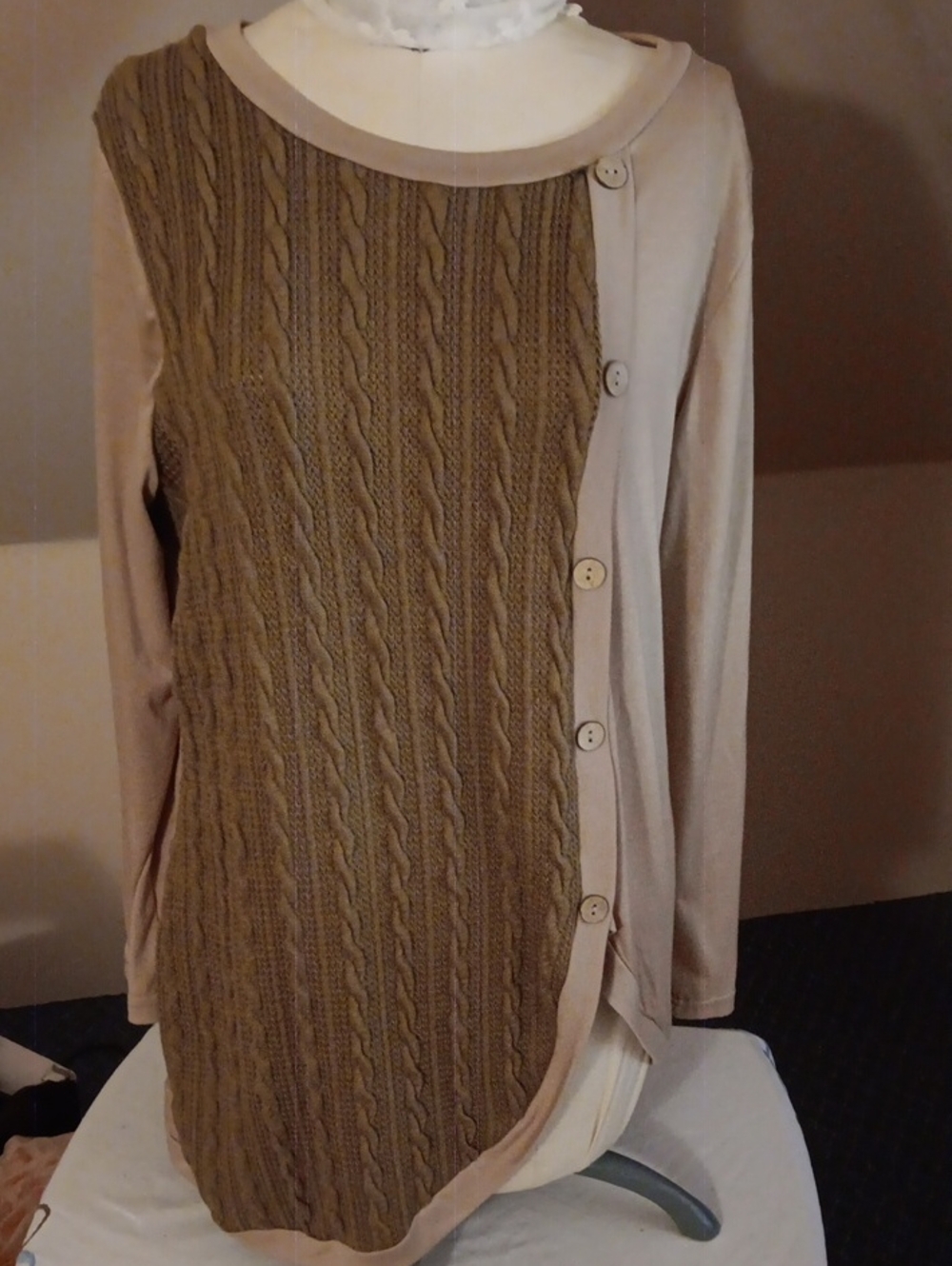 Women's Two-Tone Cable Knit Button-Front Shirt- Beige/Brown